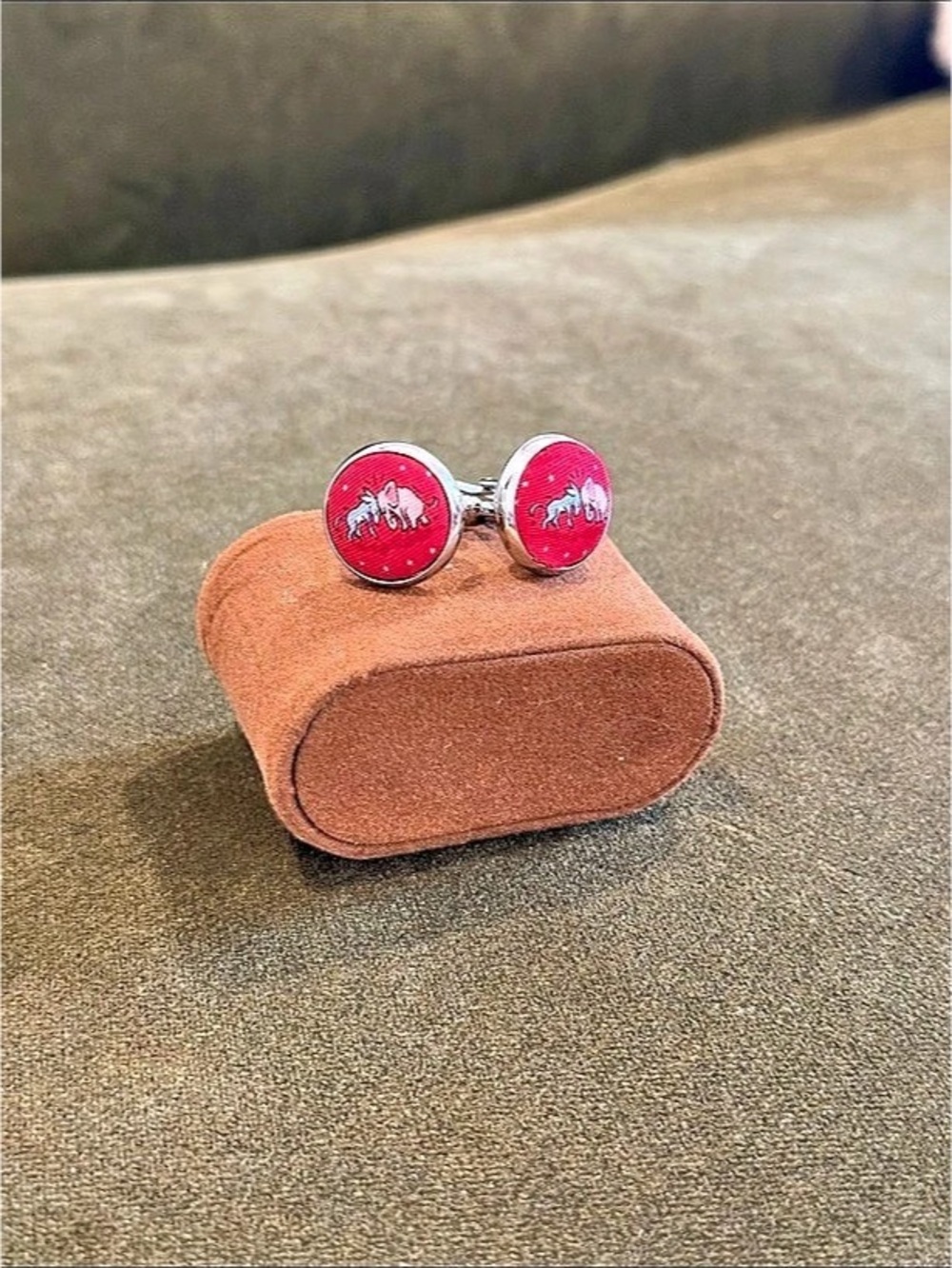 Bird Dog Bay Political Elephant Silk Cufflinks Red Silver Tone